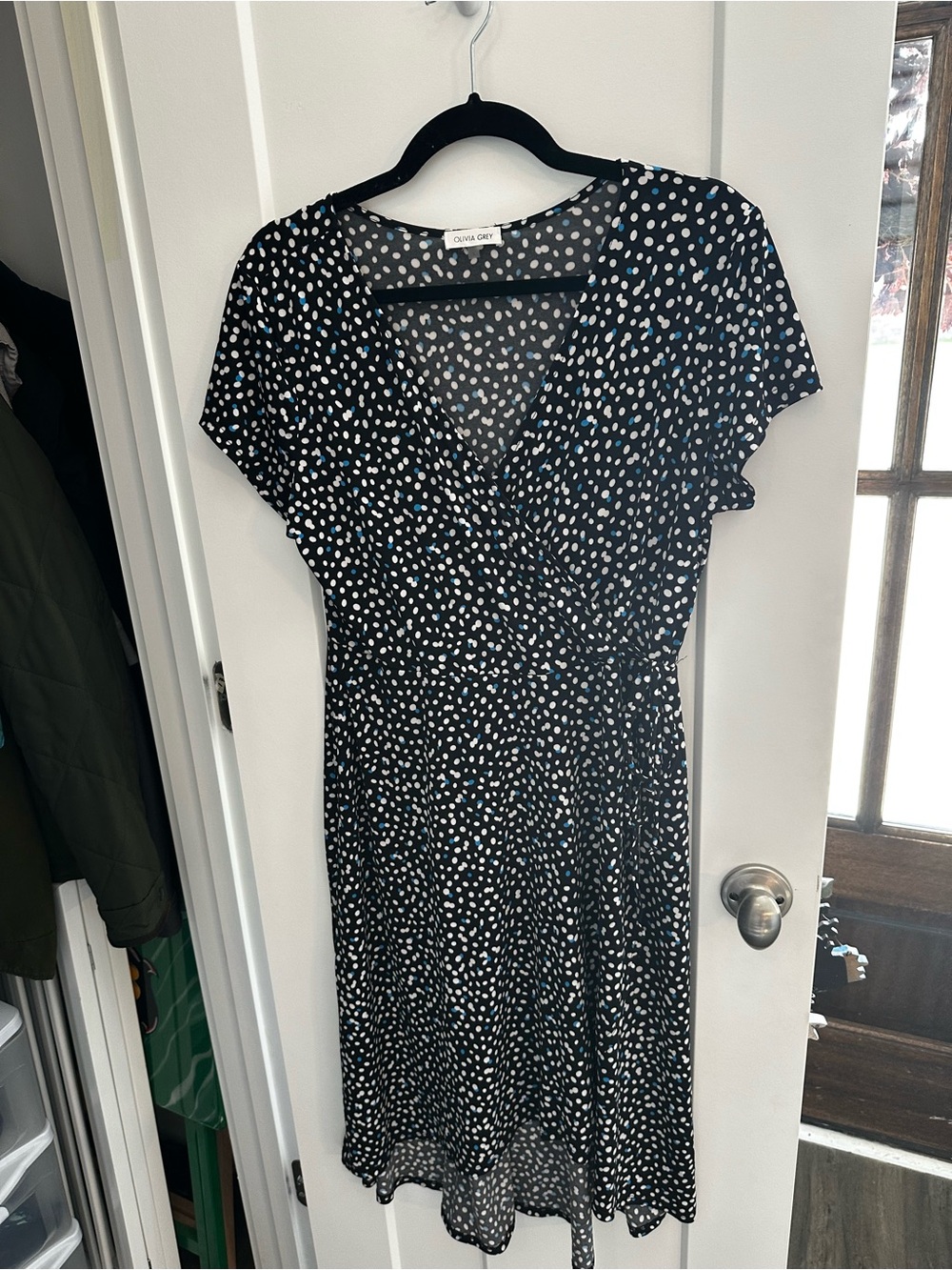 Olivia Grey Black Polka Dot Midi Wrap Dress size large